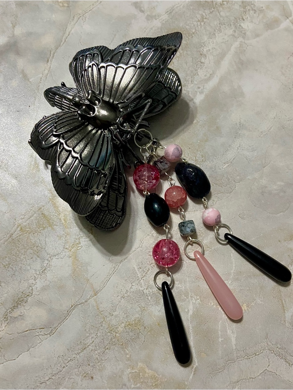 Gunmetal Butterfly Hair Clip with Pink & Black Beaded Dangles